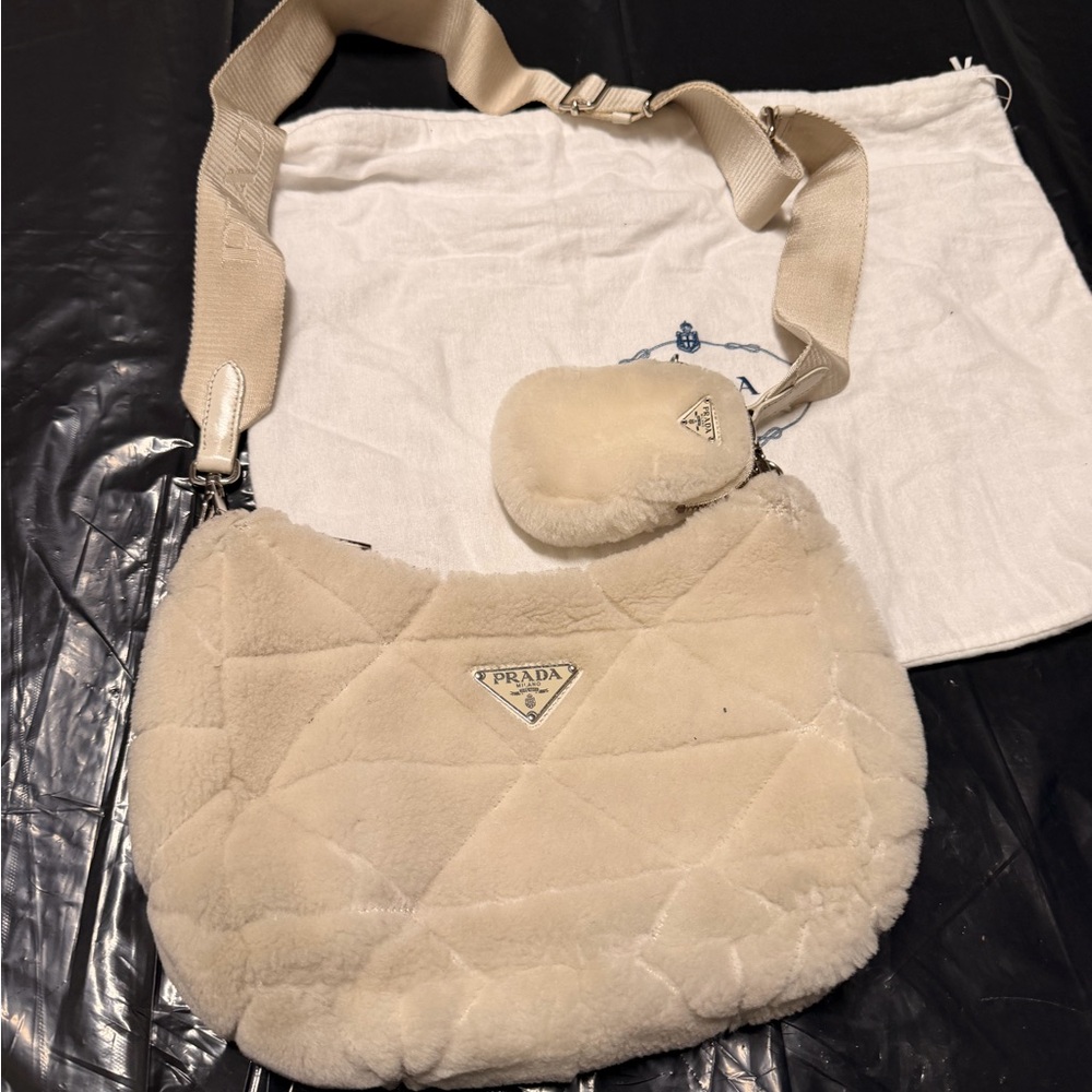 Prada Cream Shearling Shoulder Bag